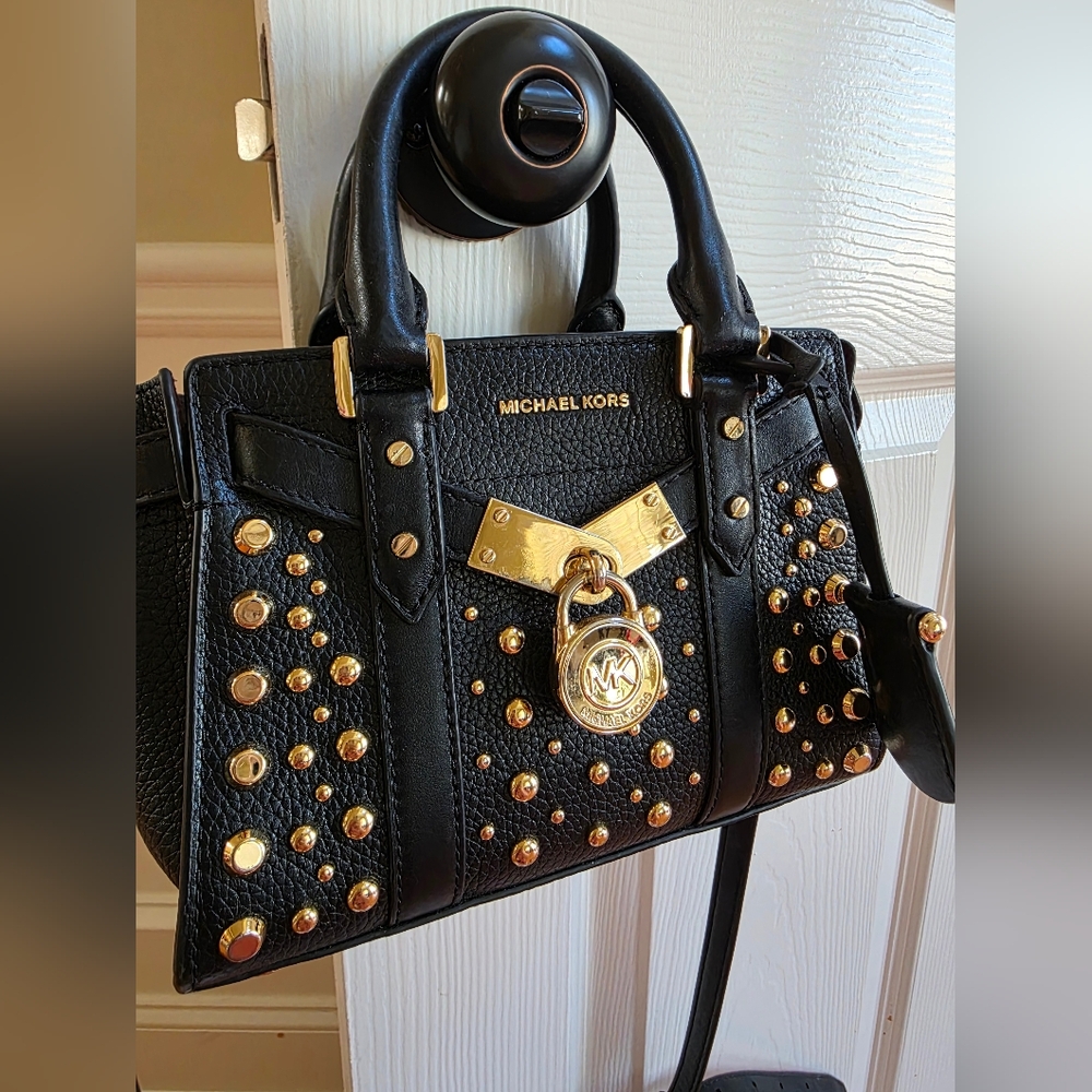 Michael Kors Black and Gold Satchel with Gold Hardware